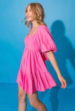 Pink Solid Mini Dress with Sweetheart Neckline and Bubble Short Sleeve FLYING TOMATO