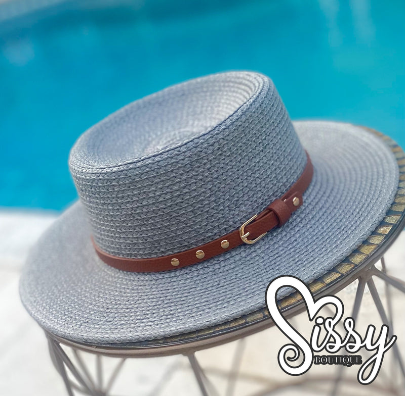 GREY LADIES ADJUSTABLE SOFT STRAW CASUAL HAT WITH BROWN AND GOLD BUCKLED BAND-Sissy Boutique-Sissy Boutique