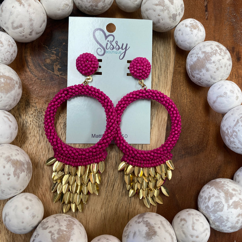 FUCHSIA SEEDBEAD CIRCLE AND GOLD SEQUIN EARRINGS-Sissy Boutique-Sissy Boutique