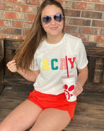 MULTI-COLORED "VACAY" PATCH SHORT SLEEVE TEE-Sissy Boutique-Sissy Boutique