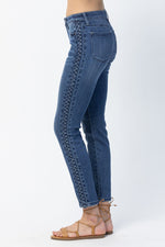 JUDY BLUE MID-RISE DARK RELAXED JEANS WITH BRAIDED SIDE DETAIL SIZES 3 THROUGH 20W-Judy Blue-Sissy Boutique