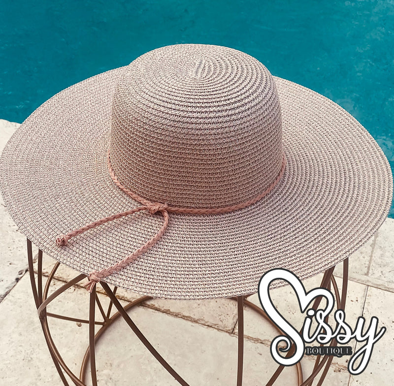 BLUSH SHIMMERY SUN LADIES ADJUSTABLE HAT WITH MAUVE SUEDE BRAIDED BAND-Sissy Boutique-Sissy Boutique