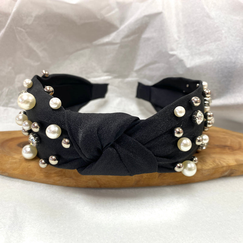 BLACK KNOT HEADBAND WITH PEARLS AND SILVER DETAILING-Sissy Boutique-Sissy Boutique