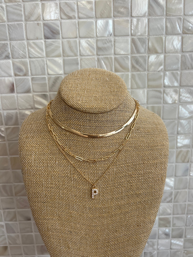 GOLD SNAKE, PAPERCLIP, AND CRYSTAL PENDANT INITIAL LAYERED NECKLACE-Sissy Boutique-Sissy Boutique