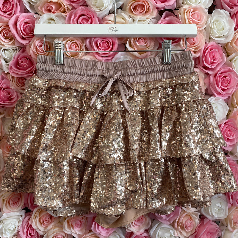 ROSE GOLD SEQUINS TIERED FLOUNCE MINI SKORT-Sissy Boutique-Sissy Boutique