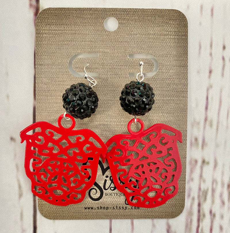 UGA GEORGIA BULLDOGS RED FILIGREE EARRINGS WITH BLACK SHAMBALLA BALL-Sissy Boutique-Sissy Boutique