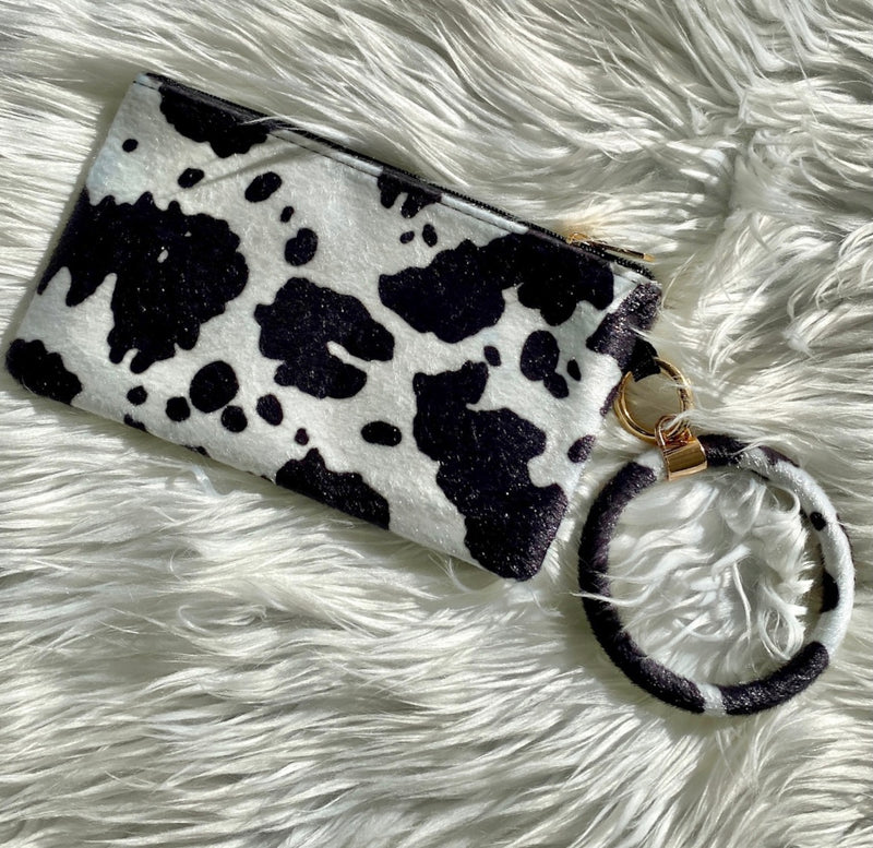Black and White Cow Print Leather Pouch Keyring Sissy Boutique
