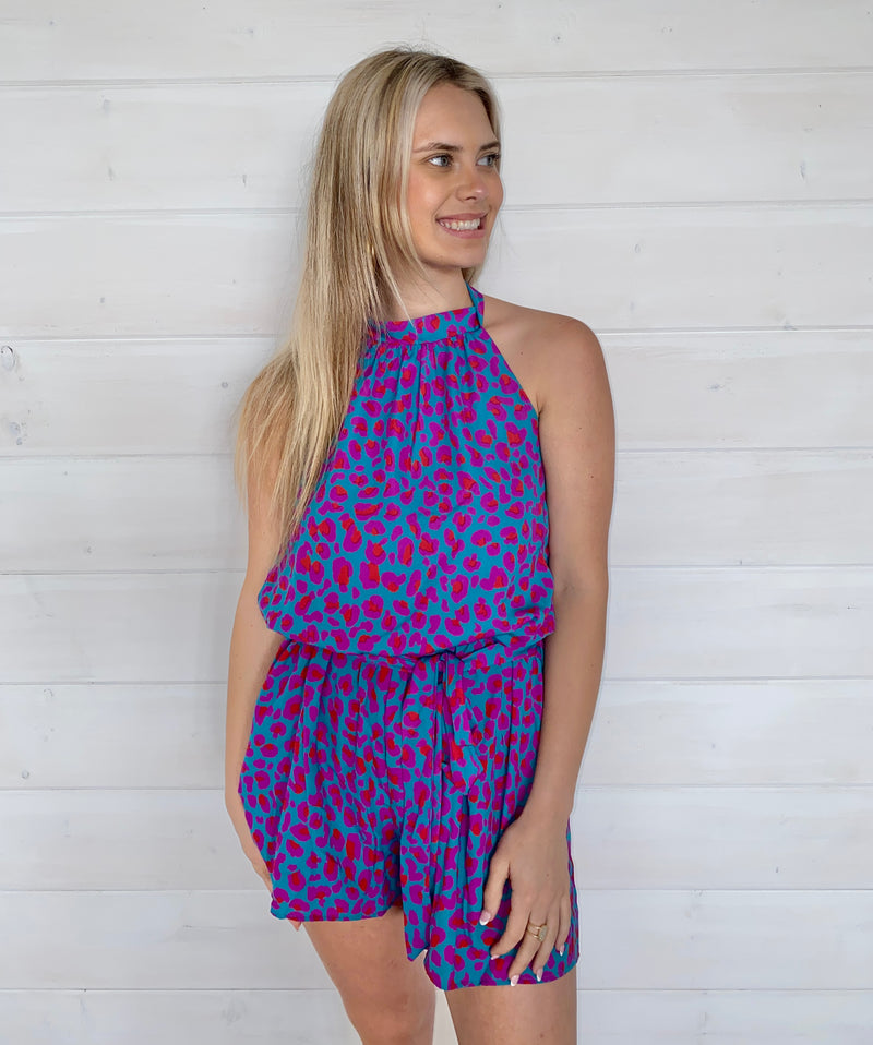 TEAL FUSCHIA AND CORAL HALTER ROMPER WITH TIE FRONT-Sissy Boutique-Sissy Boutique