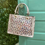 WHITE LASER CUT VEGAN LEATHER SATCHEL WITH MATCHING FLORAL ADDITIONAL CROSSBODY PURSE-Sissy Boutique-Sissy Boutique
