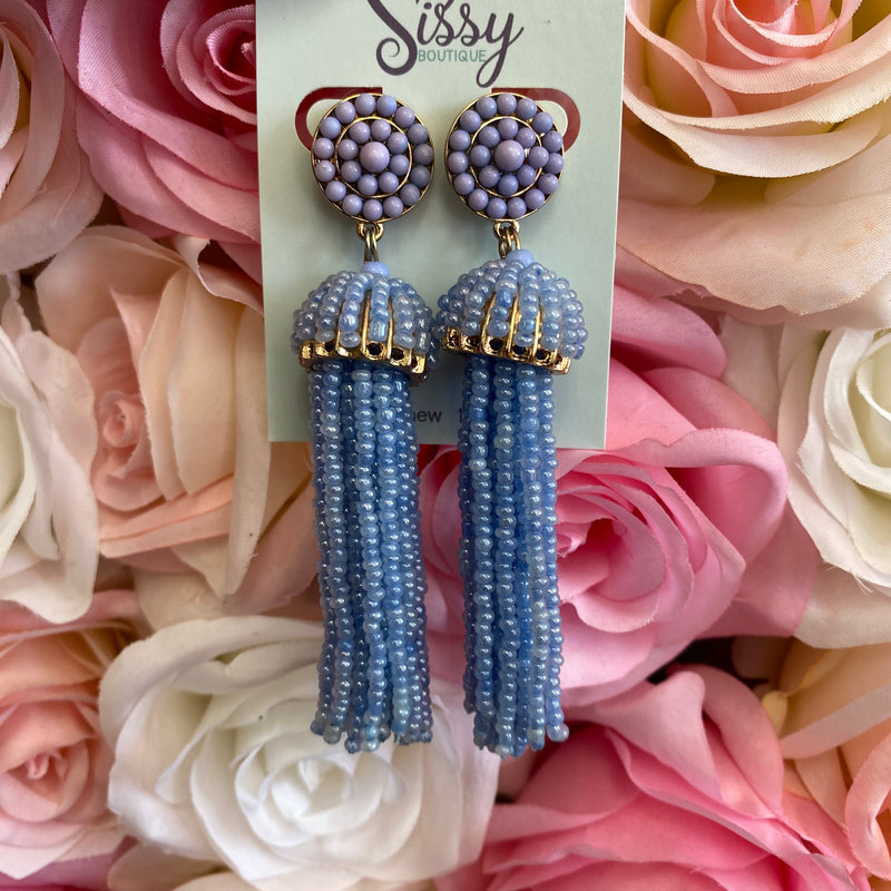 Finley Baby Blue Pearlized Tassel and Gold Seedbead Earrings Sissy Boutique