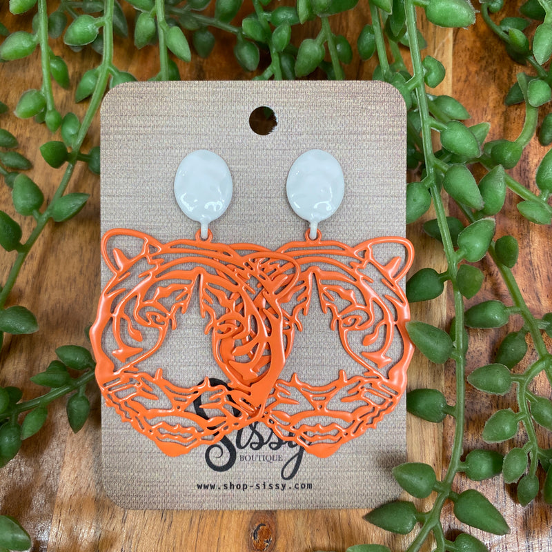 WHITE AND ORANGE AUBURN TIGERS HEAD FILIGREE EARRINGS-Sissy Boutique-Sissy Boutique