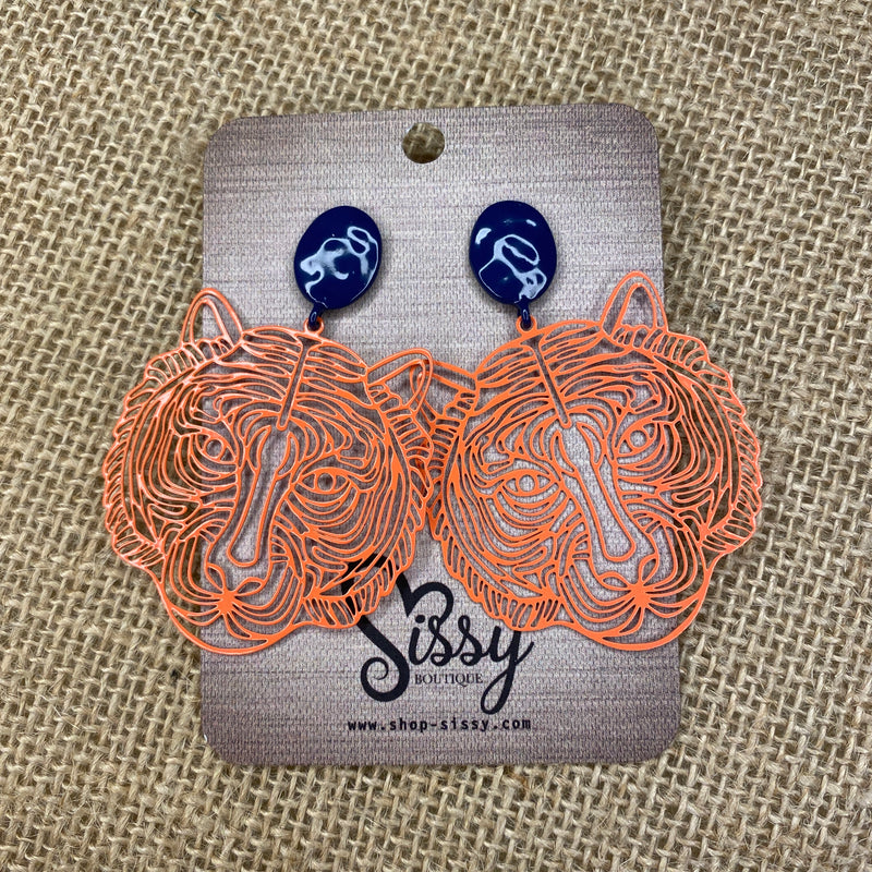 NAVY AND ORANGE AUBURN TIGERS HEAD FILIGREE EARRINGS-Sissy Boutique-Sissy Boutique