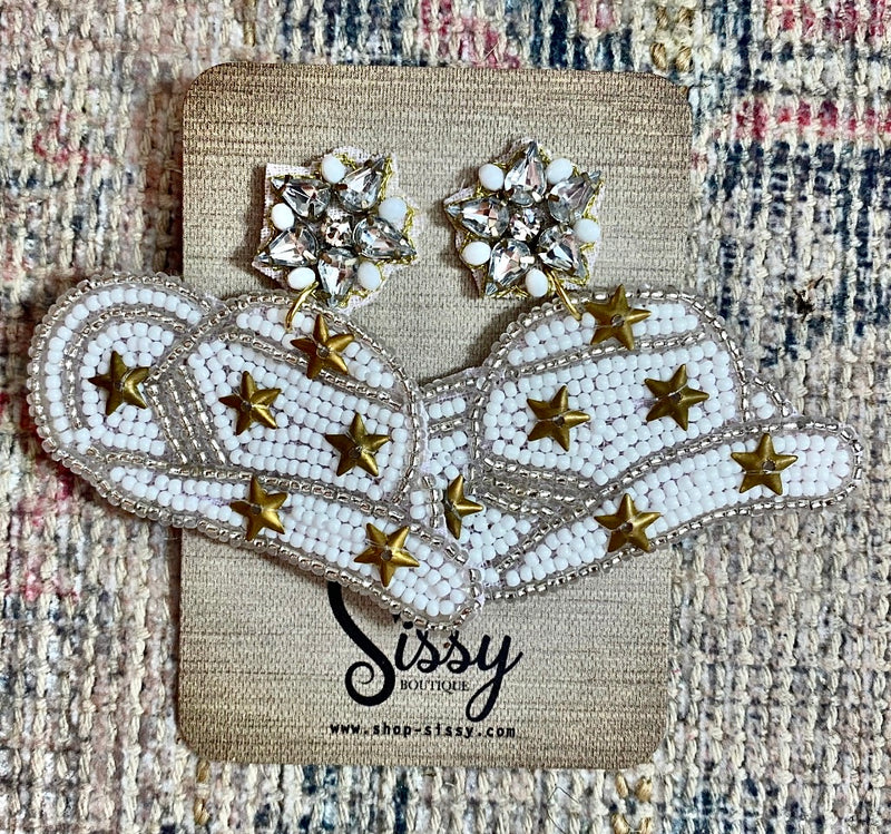 WHITE SEEDBEAD STAR COWBOY HAT EARRINGS-Sissy Boutique-Sissy Boutique