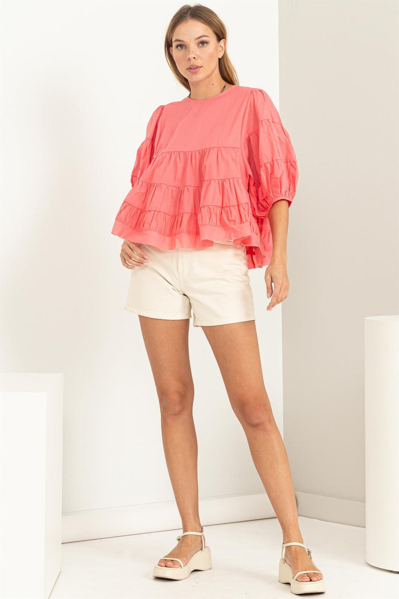 Coral Elbow Length Tiered Top Hyfve