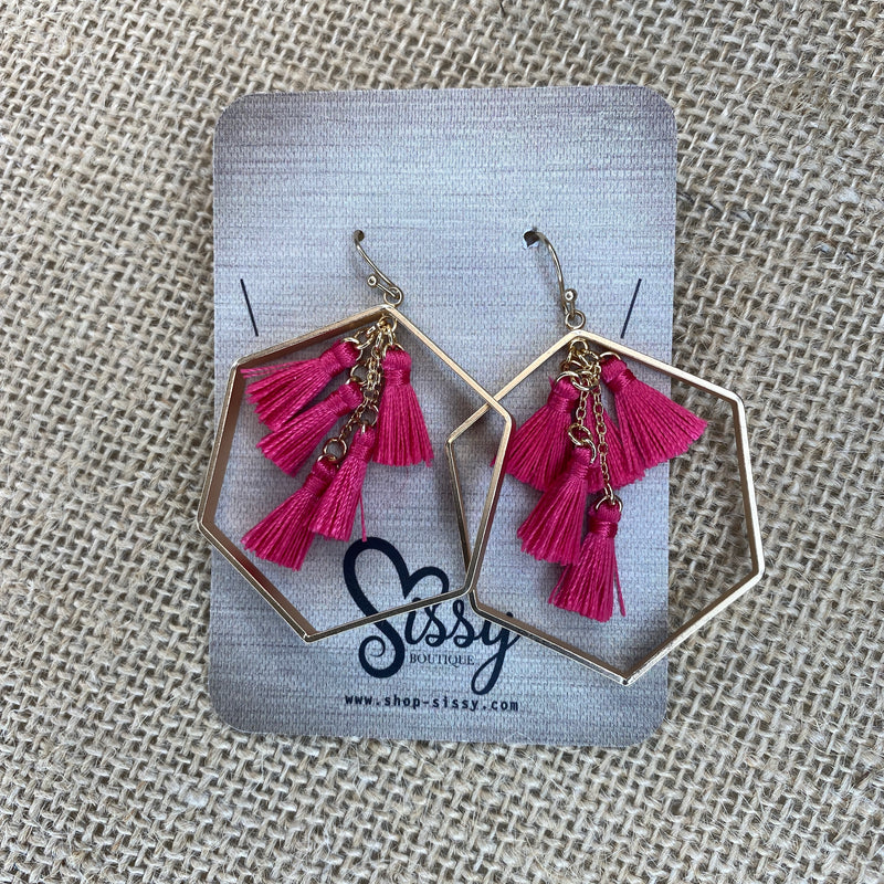 FUCHSIA AND GOLD TASSEL AND HEXAGON EARRINGS-Sissy Boutique-Sissy Boutique