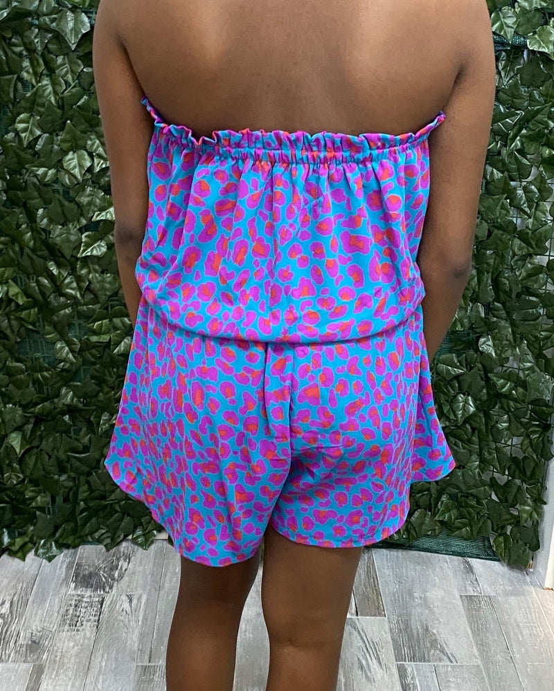 Teal Fuschia and Coral  Strapless  Romper with Tie Front Sissy Boutique