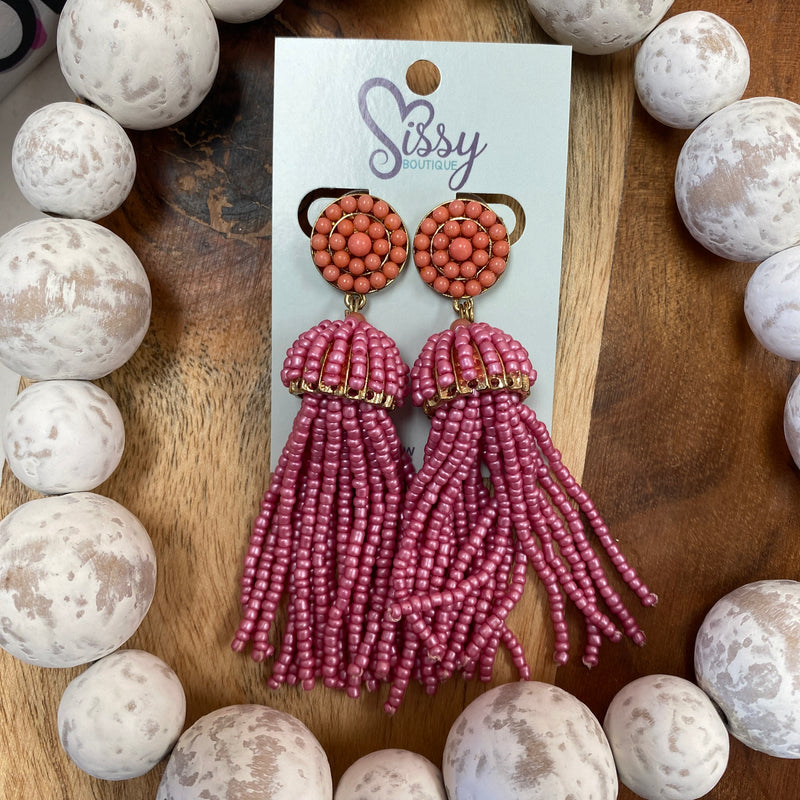 FINLEY PINK TASSEL AND GOLD SEEDBEAD EARRINGS-Sissy Boutique-Sissy Boutique