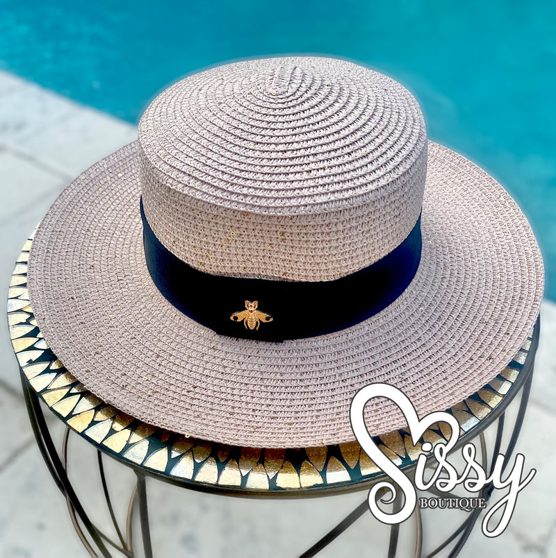 Blush Shimmery Sun Ladies Adjustable Hat with Black Band and Gold Bee Charm Sissy Boutique