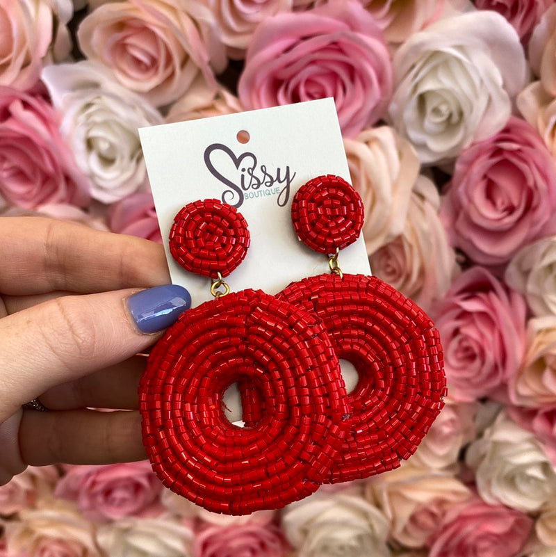 RED SEEDBEAD OCTAGON EARRINGS-Sissy Boutique-Sissy Boutique