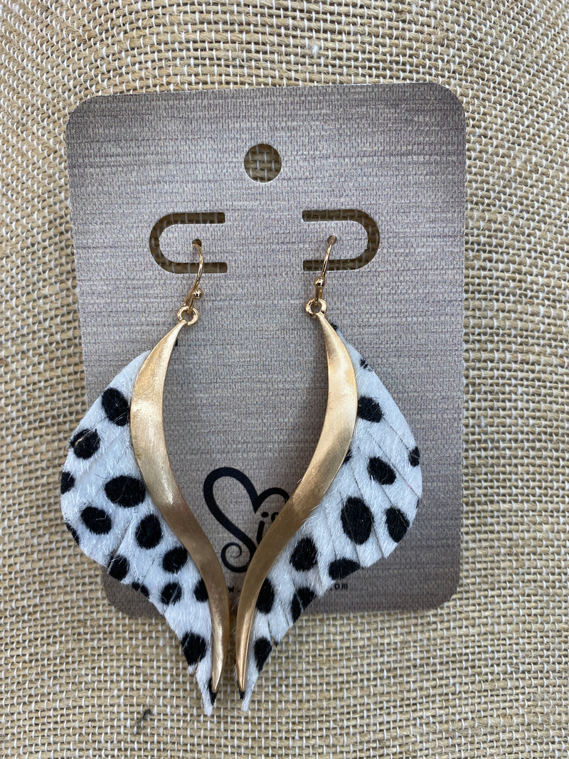 LEATHER DALMATIAN GOLD AND FEATHER EARRINGS-Sissy Boutique-Sissy Boutique