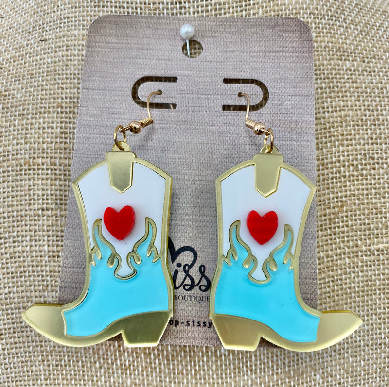 Mint Heart Flame Cowboy Boot Earrings Sissy Boutique