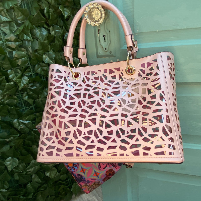 PINK LASER CUT VEGAN LEATHER SATCHEL WITH MATCHING FLORAL ADDITIONAL CROSSBODY PURSE-Sissy Boutique-Sissy Boutique