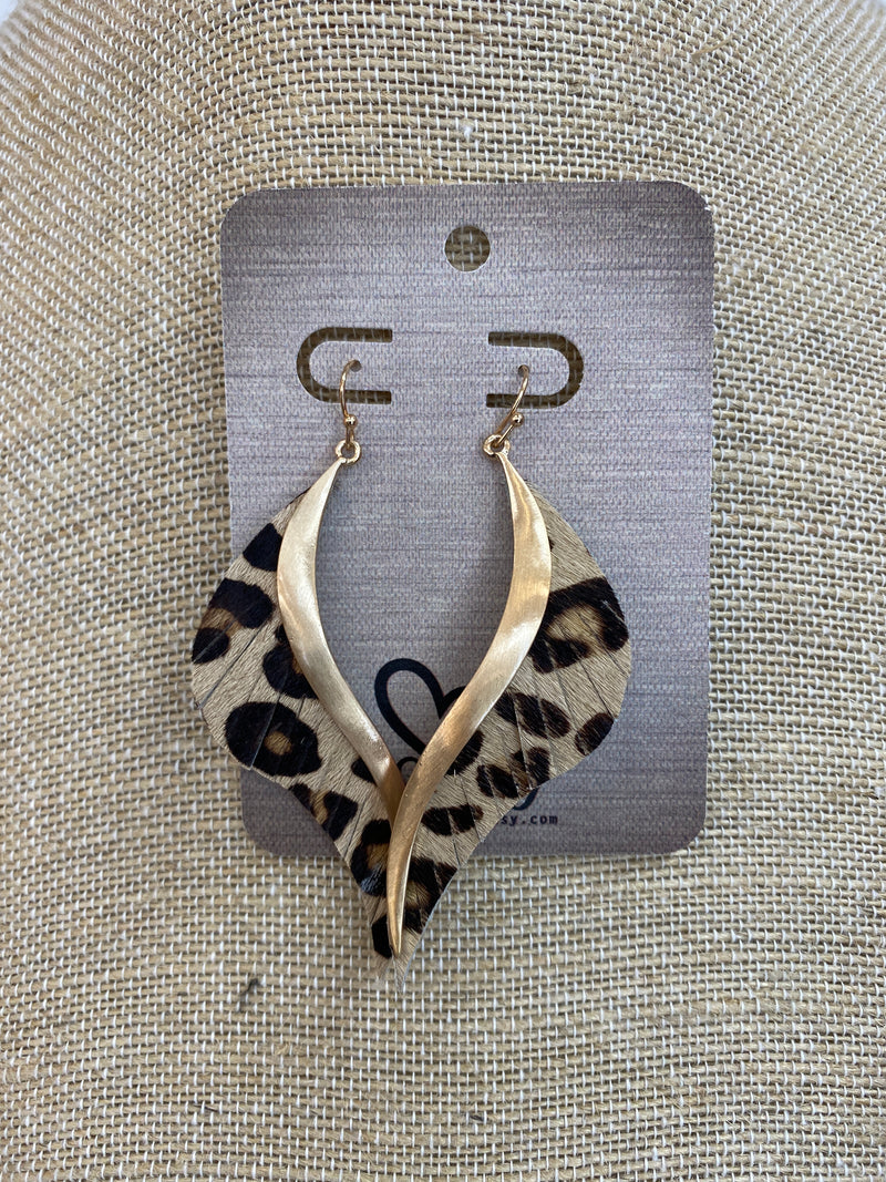 LEATHER DARK LEOPARD GOLD AND FEATHER EARRINGS-Sissy Boutique-Sissy Boutique