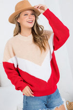 Red, Khaki and White Oversized Color-Block Comfy Mock Neck Sweater Sissy Boutique