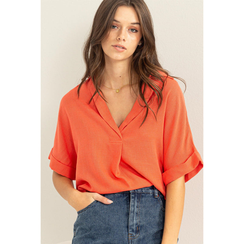 Orange Oversized V-Neck Cuffed Short Sleeve Top HYFVE