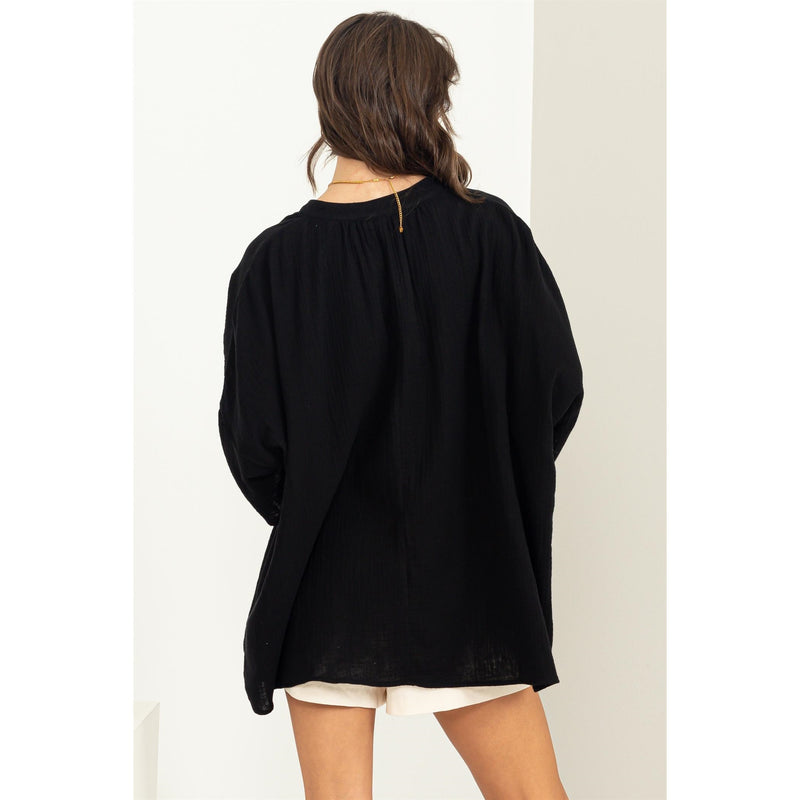 BLACK OVERSIZED DOUBLE FRONT POCKET V-NECK TUNIC PULLOVER-Sissy Boutique-Sissy Boutique