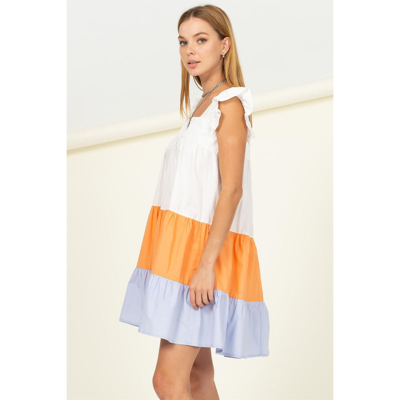 WHITE TIERED SUNDRESS WITH ORANGE AND BABY BLUE COLORBLOCK ACCENTS-Sissy Boutique-Sissy Boutique