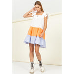 White Tiered Sundress with Orange and Baby Blue Colorblock Accents Sissy Boutique