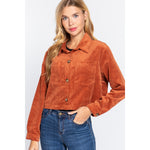RUST CORDUROY LIGHTWEIGHT BUTTON DOWN CROPPED TOP/SHACKET WITH FRONT POCKETS-Sissy Boutique-Sissy Boutique