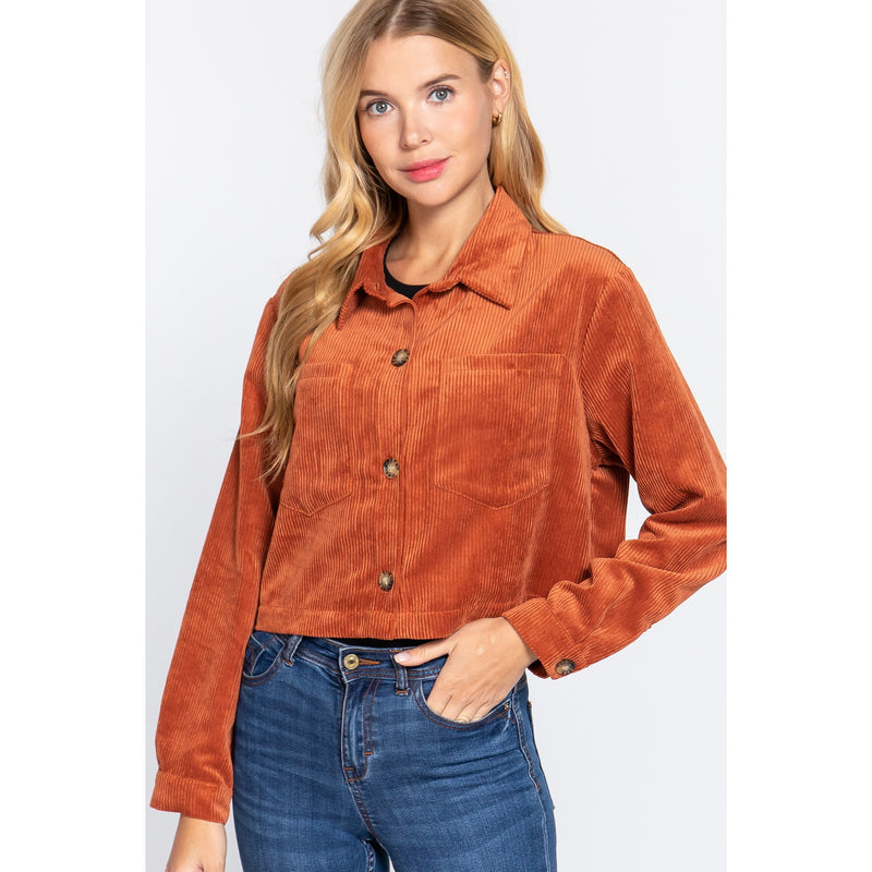 Rust Corduroy Lightweight Button Down Cropped Top/Shacket with Front Pockets Sissy Boutique
