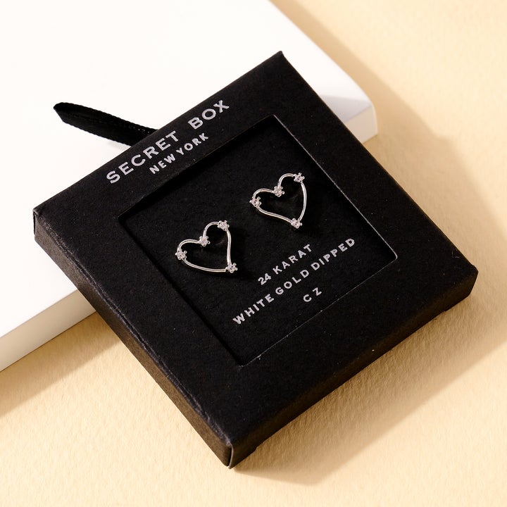 Secret Box 24k White Gold Dipped CZ Open Heart Stud Earrings Secret Box