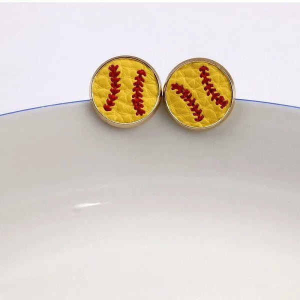 SOFTBALL LEATHER EMBROIDERED STUD EARRINGS 14MM-Sissy Boutique-Sissy Boutique