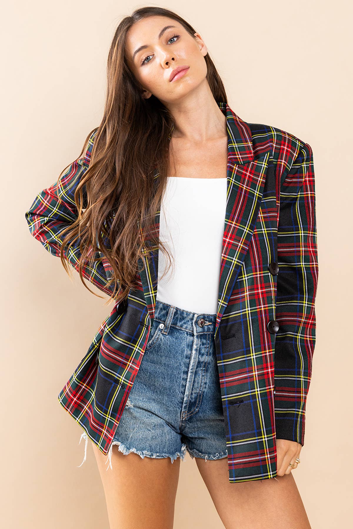 TARTAN PLAID DOUBLE BREASTED BLAZER | Ces Femme